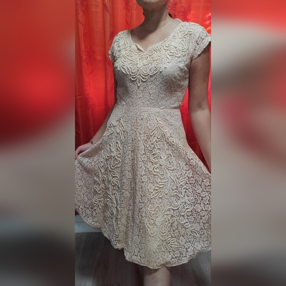 Vintage 50s Ivory Lace Midi Dress M/L - Picture 9 of 9